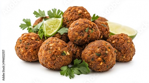 Delicious Falafel Balls with Sauce, Herbs, and Lime Isolated on White Background