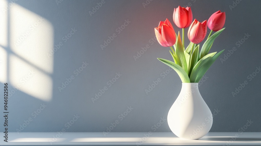Red Tulips in a White Vase against a Gray Wall Red Tulips in a White Vase against a Gray Wall