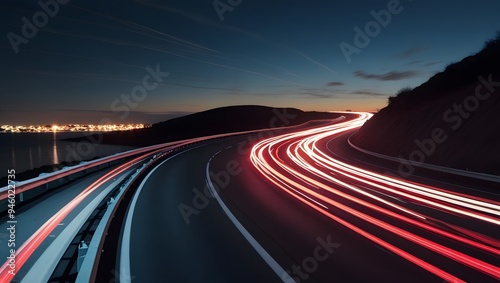 Long-Exposure Night Photograph of Vehicle Light Trails on a Winding Road