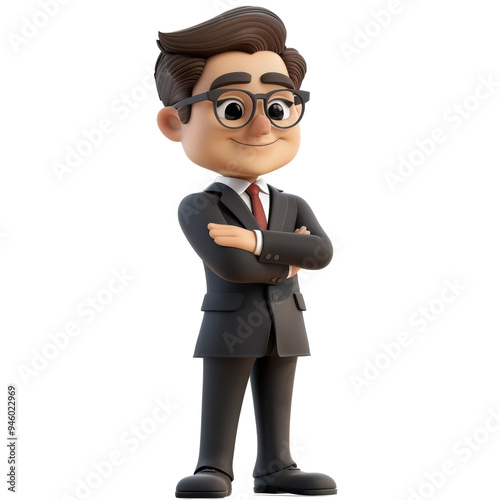 3D Cartoon Businessman With Arms Crossed Full Body Isolated on Transparent or White Background, PNG