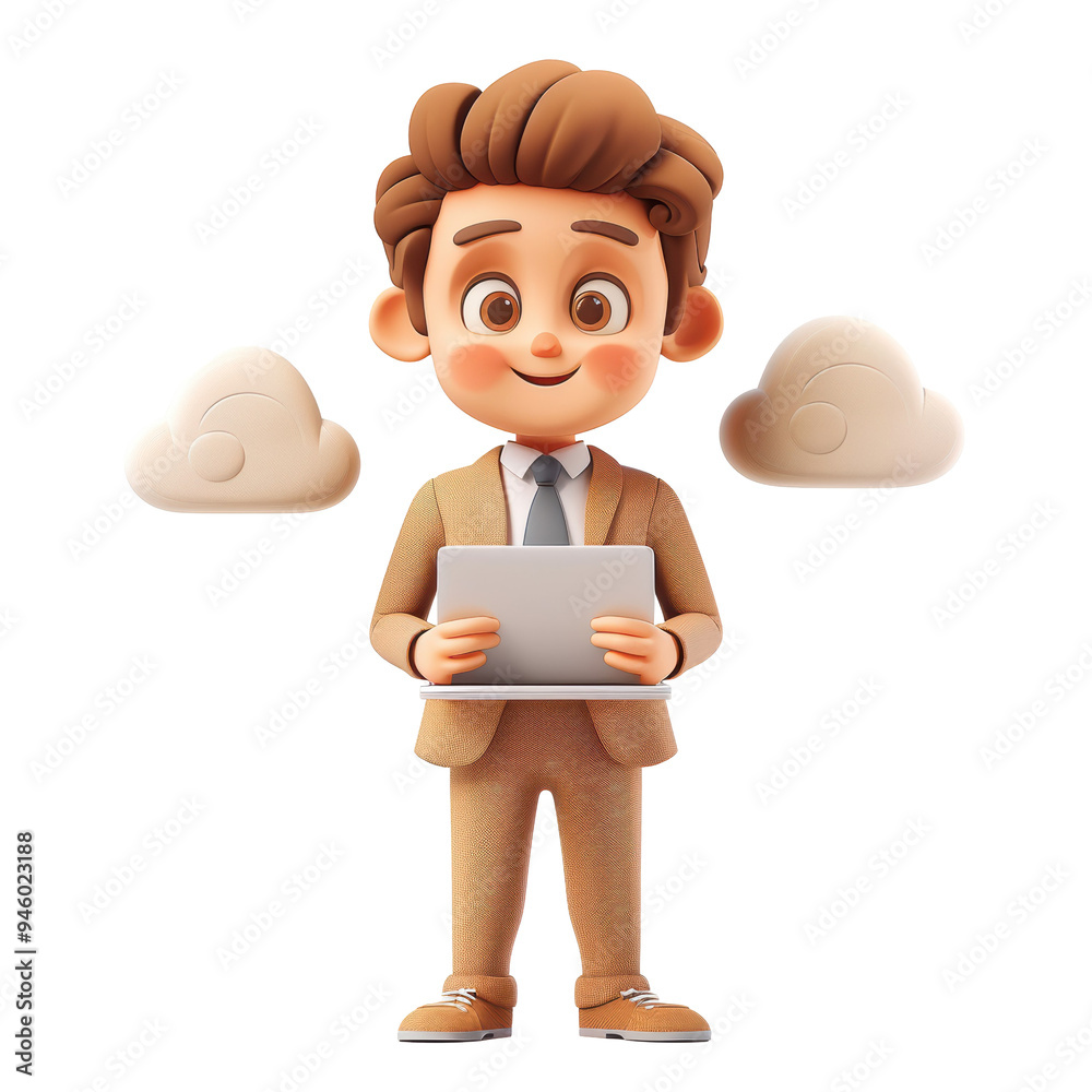 3D Cartoon Character Businessman with Laptop and Cloud Isolated on Transparent or White Background, PNG 3D Cartoon Character Businessman with Laptop and Cloud Isolated on Transparent or White Background, PNG