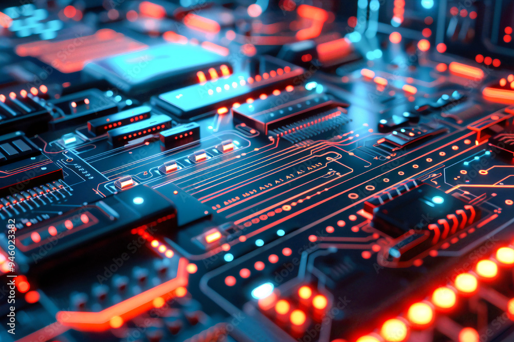 Obraz premium A close-up of a high-tech circuit board illuminated by vibrant red and blue lights, representing advanced technology.