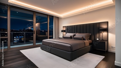 Modern Minimalist Bedroom with Dark Grey Bedding and Cityscape View