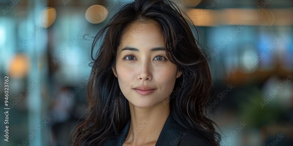 Obraz premium Asian professional woman with soft waves in a contemporary office