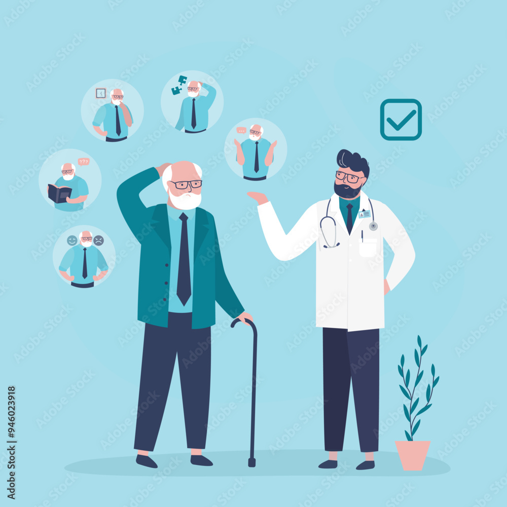 Doctor talking with aged man about alzheimer symptoms. Senior suffering Alzheimer's disease, getting medical help. Memory loss, brain illness treatment. Doctor talking with aged man about alzheimer symptoms. Senior suffering Alzheimer's disease, getting medical help. Memory loss, brain illness treatment.