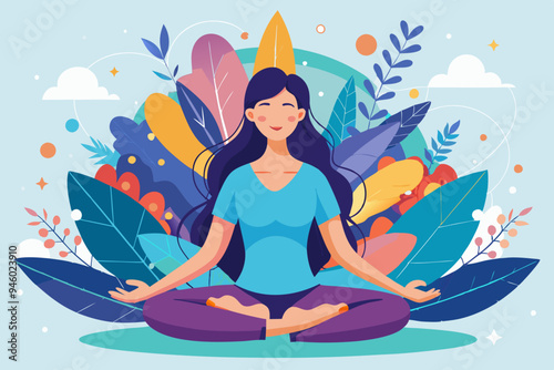 Stress management, meditation or relaxation to reduce anxiety, control emotion during problem solving or frustration work concept, woman in lotus meditation on chaos mess line with positive energy.
