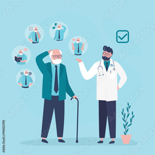 Doctor talking with aged man about alzheimer symptoms. Senior suffering Alzheimer's disease, getting medical help. Memory loss, brain illness treatment.