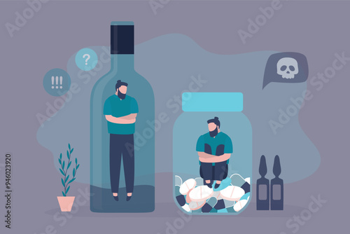 Bad habits, concept. Drug addiction, drinking alcohol, alcoholism therapy, stress abstract metaphor. Drug abuse, drunk man in bottle, male character under antidepressants