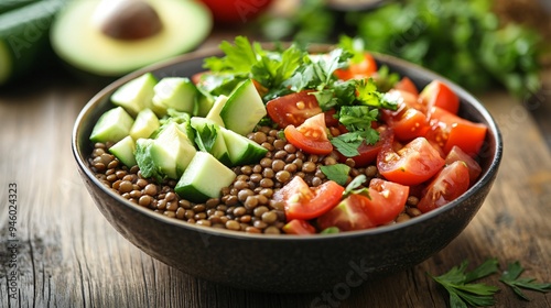 Vibrant Lentil Bowl with Fresh Avocado, Tomatoes, and Cucumber