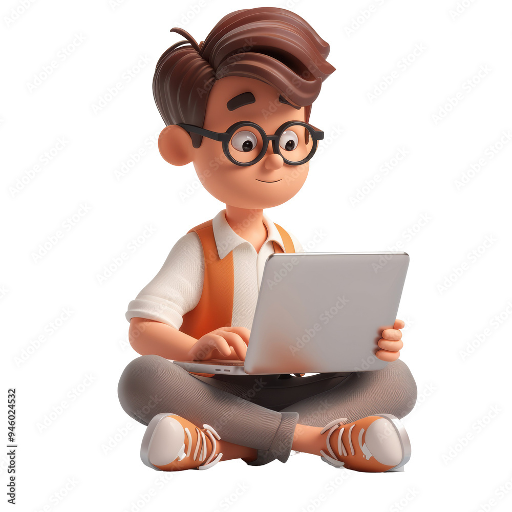 3D Cartoon Man Working on Laptop Isolated on Transparent or White Background, PNG 3D Cartoon Man Working on Laptop Isolated on Transparent or White Background, PNG