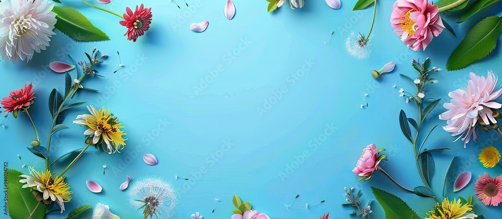 Floral frame against a blue background Spring blossoms Cherry flowers leaves and dandelions Copyspace Greeting card