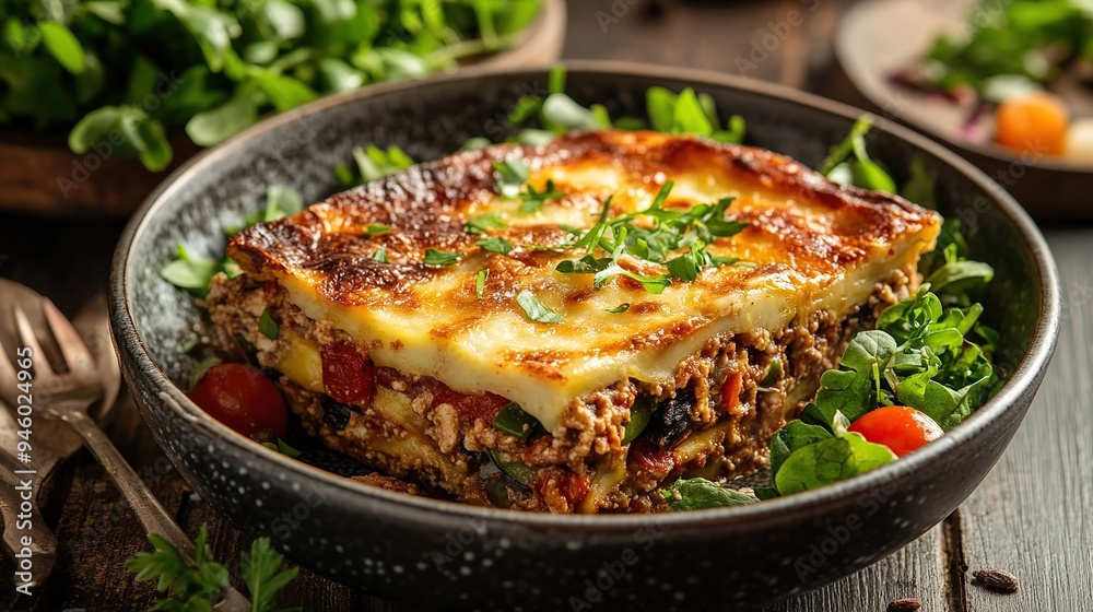 Authentic Greek moussaka with a side of fresh salad. Authentic Greek moussaka with a side of fresh salad.