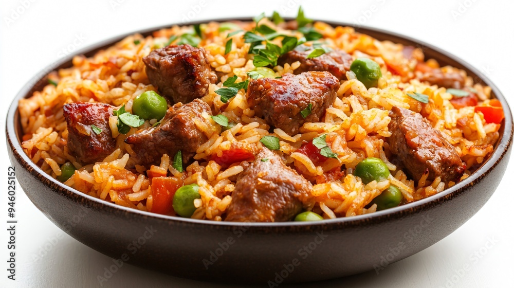Delicious Pilaf with Meat Isolated on White Background Delicious Pilaf with Meat Isolated on White Background