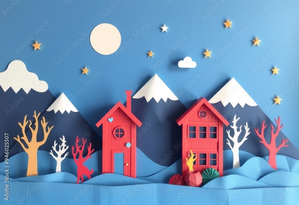 Papercraft Night Scene with Red Houses, Mountains, and Stars. Papercraft Night Scene with Red Houses, Mountains, and Stars.