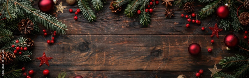 Rustic Christmas Greeting Card Background with Chalkboard, Pine Branches, Baubles, Balls, and Stars on Wooden Table - Top View Rustic Christmas Greeting Card Background with Chalkboard, Pine Branches, Baubles, Balls, and Stars on Wooden Table - Top View