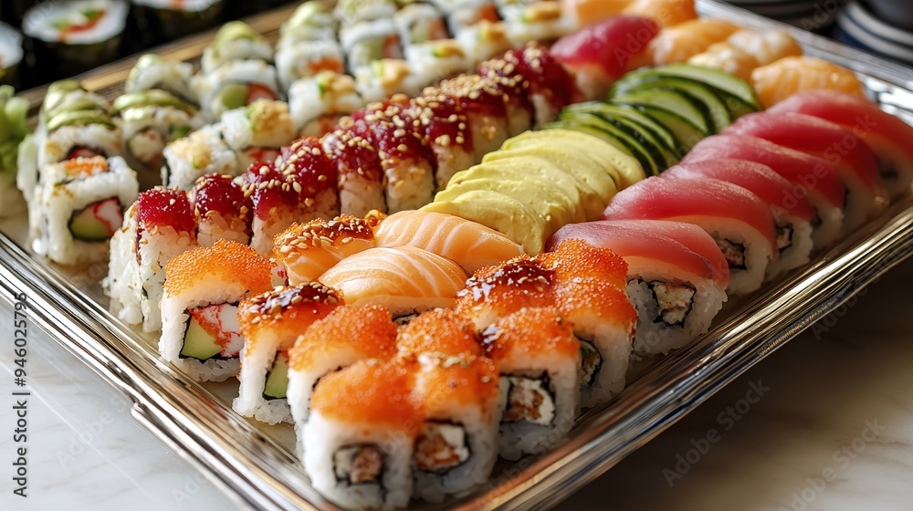 Close-up of a beautifully arranged gourmet sushi platter. Close-up of a beautifully arranged gourmet sushi platter.
