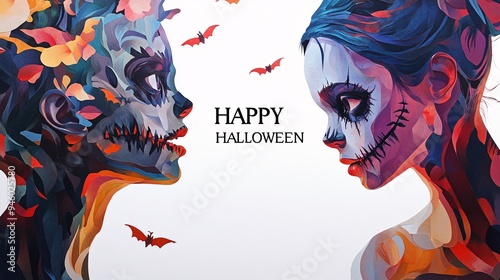 happy halloween design of two zombie faces with bats