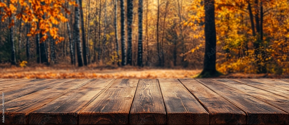 Empty Wooden Table Top with a Blurred Autumn Forest Empty Wooden Table Top with a Blurred Autumn Forest