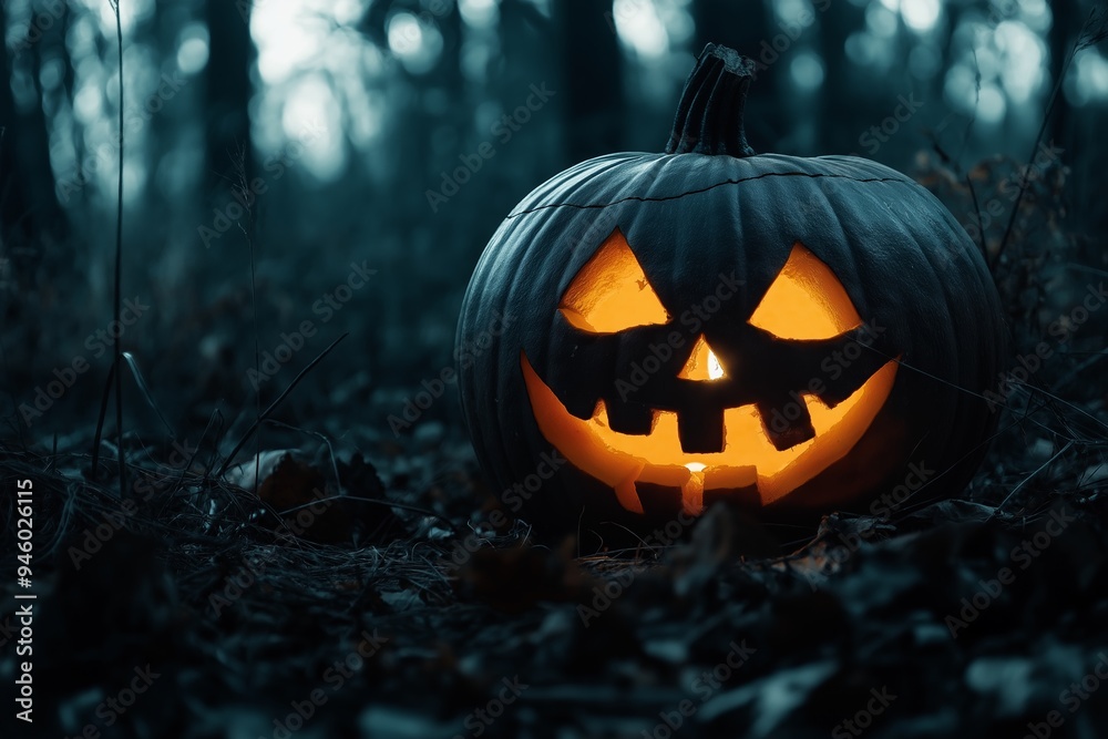 A jack-o'-lantern with a glowing face sits on the ground of a dark, eerie forest on a spooky Halloween night. A jack-o'-lantern with a glowing face sits on the ground of a dark, eerie forest on a spooky Halloween night.