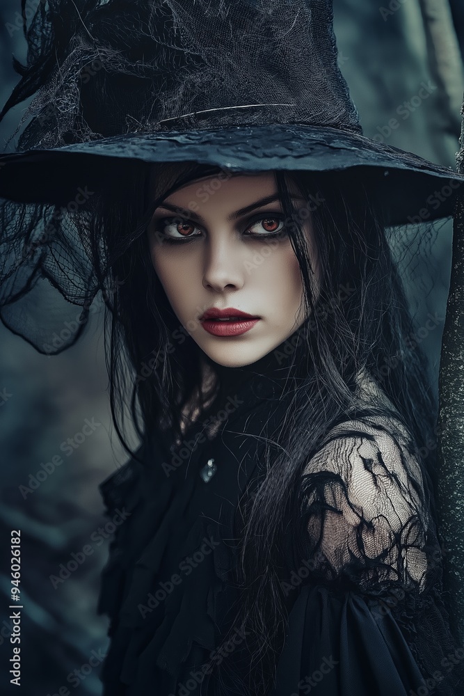 Woman in dark, eerie costume with a lace hat and red contacts, standing in a spooky, autumnal outdoor setting. Woman in dark, eerie costume with a lace hat and red contacts, standing in a spooky, autumnal outdoor setting.