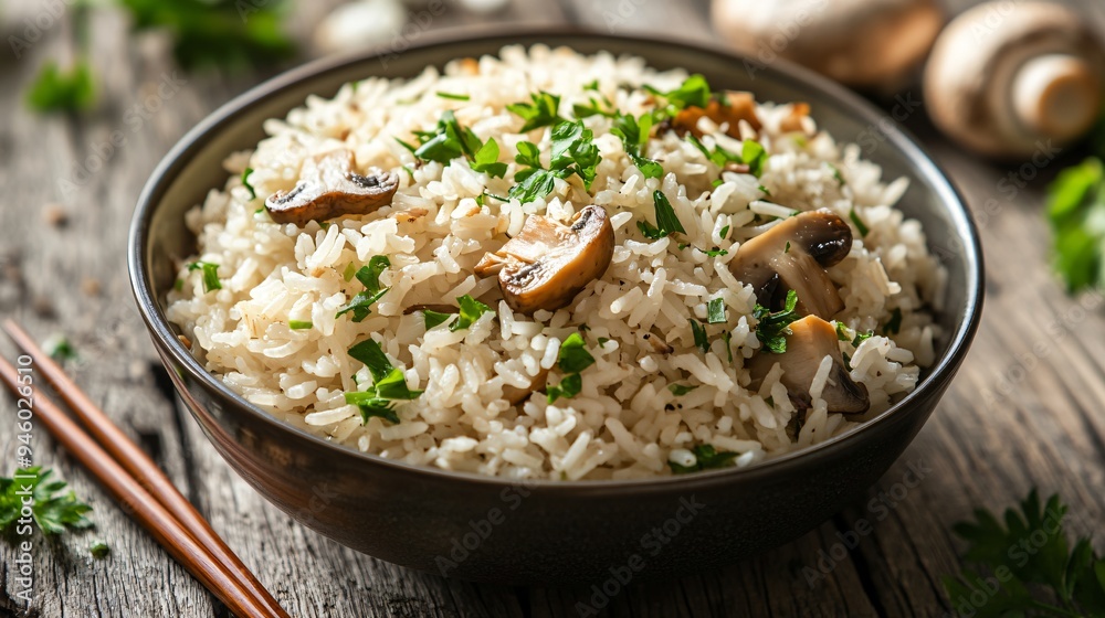 Delicious Rice with Mushrooms, Parsley, and Chopsticks