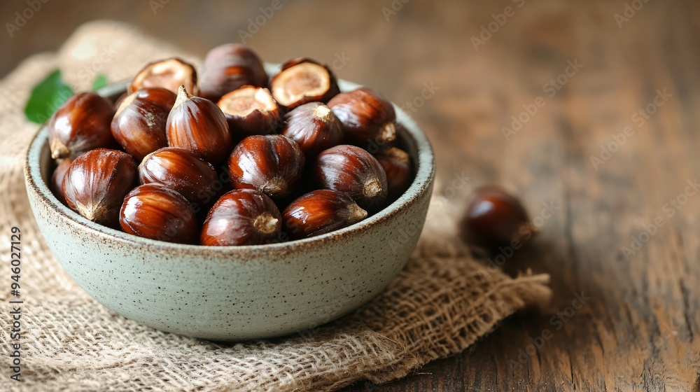 Obraz premium Savory Roasted Chestnuts in Bowl on Tablecloth