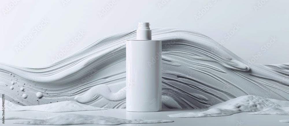Cosmetic bottle without a label on an upscale backdrop featuring marble sand patterns water and a white background. Copy space image. Place for adding text and design Cosmetic bottle without a label on an upscale backdrop featuring marble sand patterns water and a white background. Copy space image. Place for adding text and design