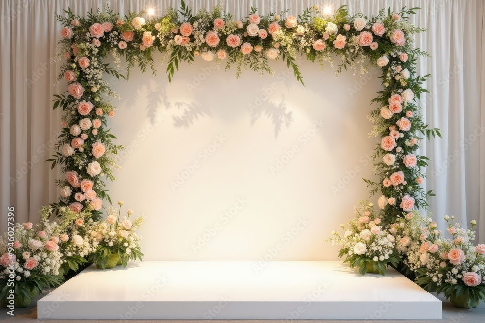Floral Archway with White Platform and White Curtains