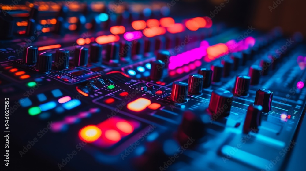 Audio Mixer Closeup With Colorful Lights Audio Mixer Closeup With Colorful Lights