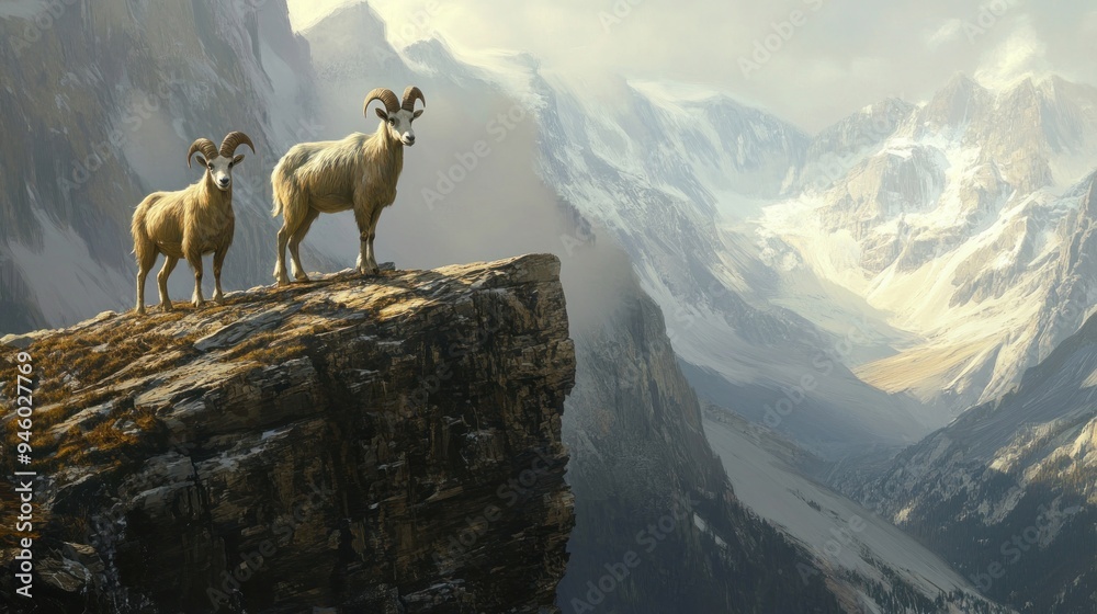 Fototapeta premium Mountain Goats on a Cliffside in a Snowy Mountain Range