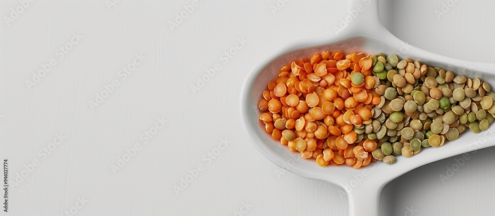 Assorted dried lentils in a white ceramic spoon. Copy space image. Place for adding text and design Assorted dried lentils in a white ceramic spoon. Copy space image. Place for adding text and design