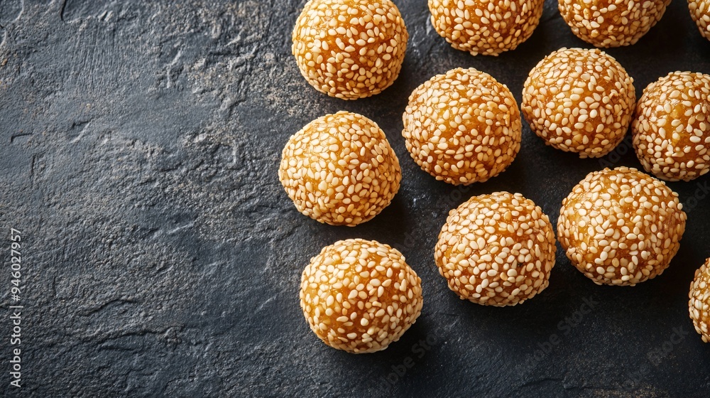 Delicious Sesame Balls on Grey Table Flat Lay Delicious Sesame Balls on Grey Table Flat Lay
