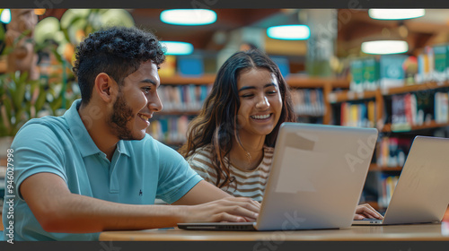 asian college students are working as the team with her friend in the university library , using laptop to explain the details of the lecture 