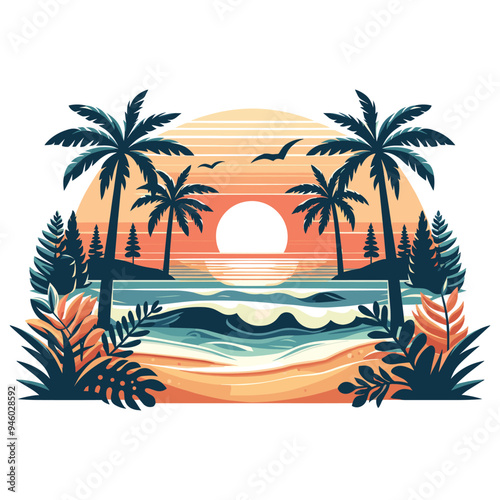Tropical beach sunset, vector illustration, multicolor, vibrant wall art or travel promotion