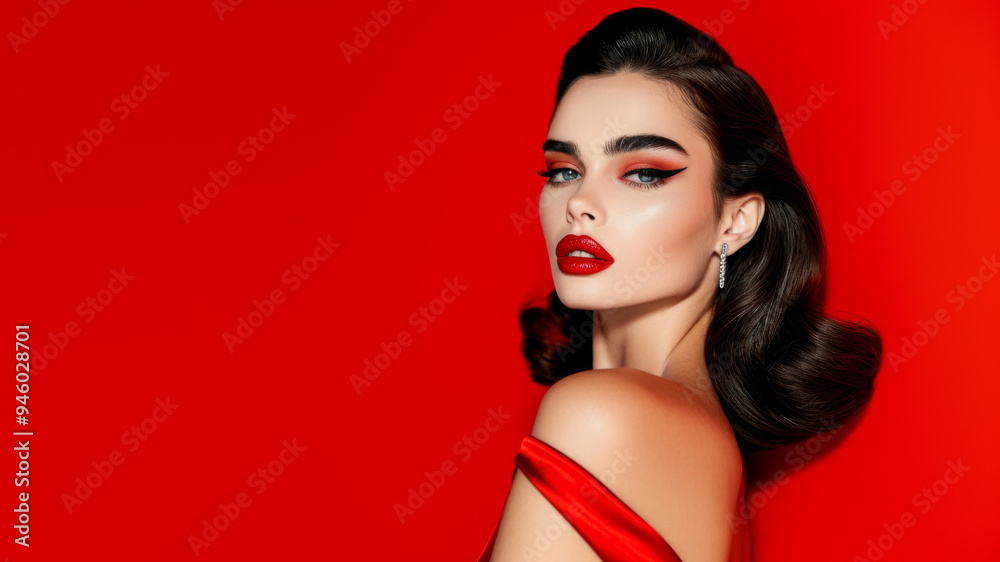 Glamorous woman with bold makeup and red lipstick, wearing red outfit. Photorealistic style on a red background. Concept of elegance and beauty. Glamorous woman with bold makeup and red lipstick, wearing red outfit. Photorealistic style on a red background. Concept of elegance and beauty.