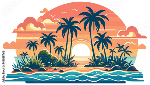 Tropical island sunset, vector illustration, vibrant colors, perfect for travel posters and wallpapers