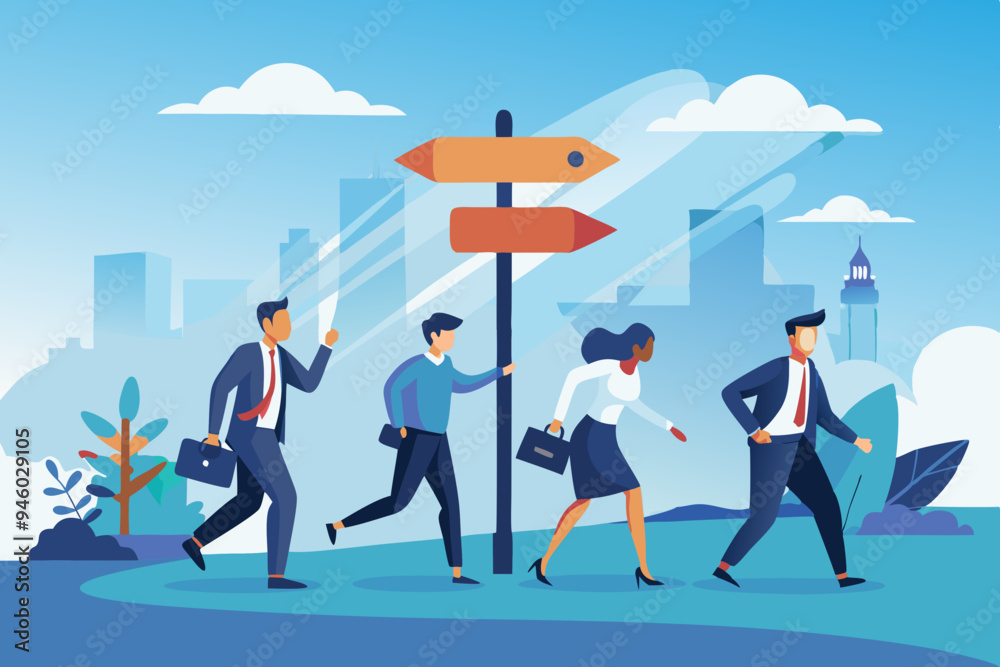 Right direction to success, strategy or plan to go in correct path, challenge or leadership to guide career path, new opportunity concept, business people walk to the right direction with signpost
Right direction to success, strategy or plan to go in correct path, challenge or leadership to guide career path, new opportunity concept, business people walk to the right direction with signpost