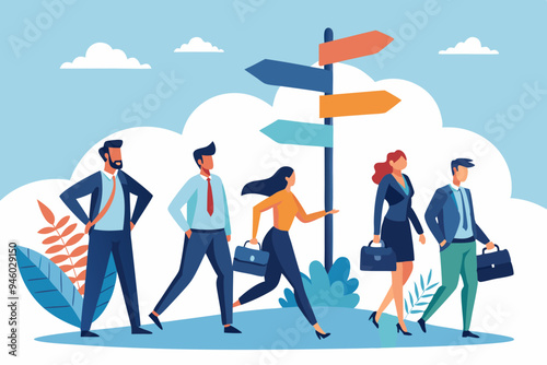 Right direction to success, strategy or plan to go in correct path, challenge or leadership to guide career path, new opportunity concept, business people walk to the right direction with signpost 