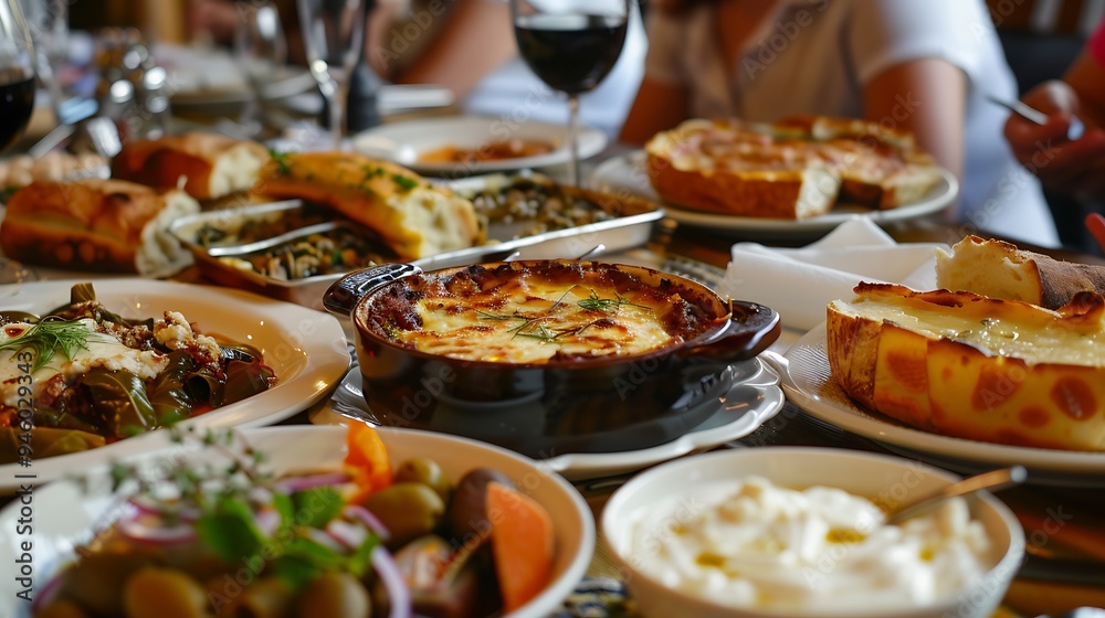 Delicious Greek Food: Moussaka, Olives, and Bread