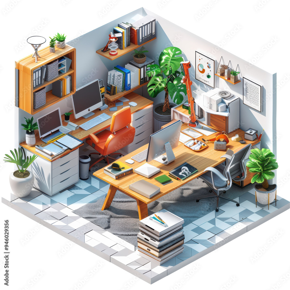 Isometric Interior Home Office Set White Background Isolated on Transparent or White Background, PNG Isometric Interior Home Office Set White Background Isolated on Transparent or White Background, PNG