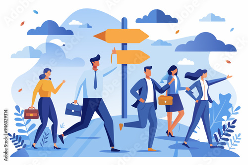 Right direction to success, strategy or plan to go in correct path, challenge or leadership to guide career path, new opportunity concept, business people walk to the right direction with signpost
