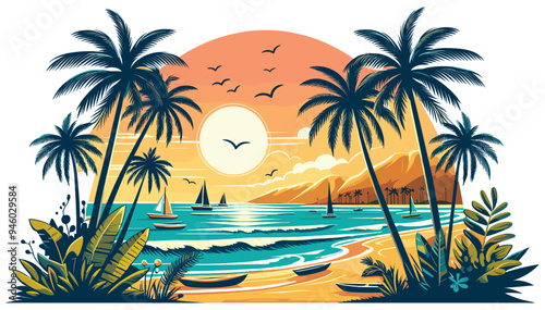 Tropical beach sunset vector illustration in vibrant colors, perfect for summer vacation themes