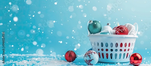 Christmas cleaning Cleaning supplies and holiday decorations in a white laundry basket set against a blue background with copy space photo