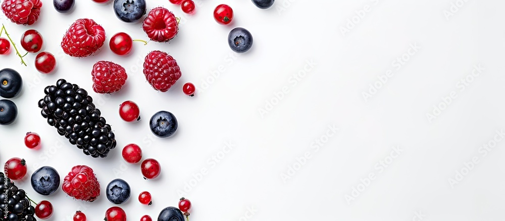 Blackberry blueberry raspberry and black currant isolated on a white background with copy space for your text Top view Flat lay arrangement Blackberry blueberry raspberry and black currant isolated on a white background with copy space for your text Top view Flat lay arrangement