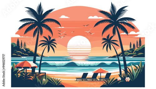 Coastal scenery vector illustration with sunset on beach, orange and teal, vacation poster