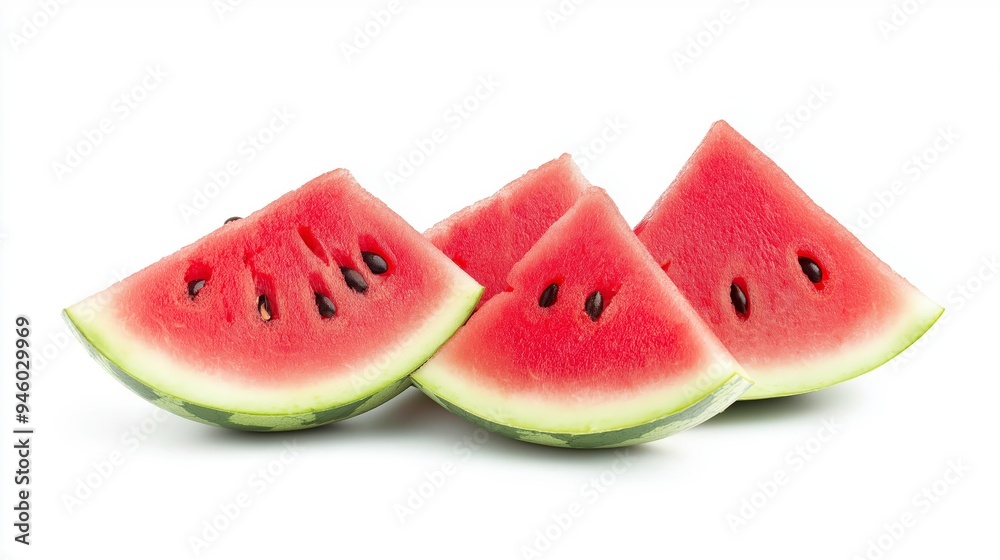 Slices of watermelon arranged on a white background, showcasing their vibrant colors and seeds. Slices of watermelon arranged on a white background, showcasing their vibrant colors and seeds.