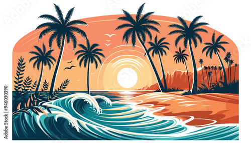 Tropical beach sunset vector illustration orange and teal perfect for vacation posters