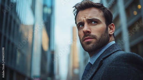 A handsome businessman looks up thoughtfully against an urban backdrop.