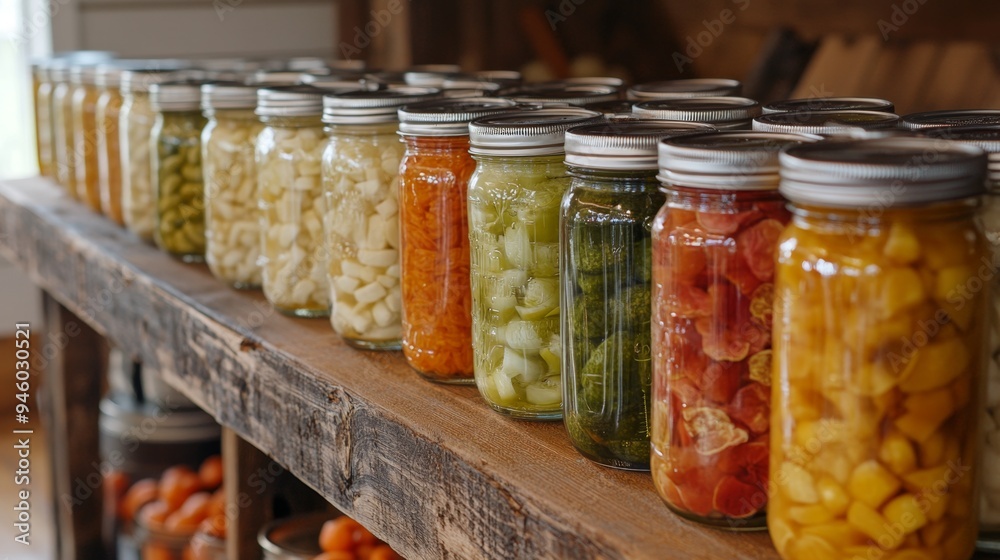 Preserved Fruits and Vegetables in Glass Jars on Rustic Wooden Shelf Preserved Fruits and Vegetables in Glass Jars on Rustic Wooden Shelf
