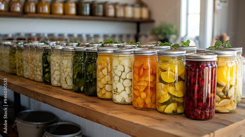 Preserved Foods in Glass Jars on Wooden Shelf Preserved Foods in Glass Jars on Wooden Shelf